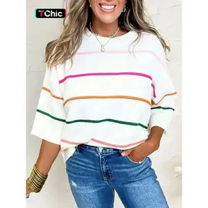 Autumn Winter New Design Colorblock Striped Drop Shoulder Sweater, Casual Loose Knit Pullover Top, Elegant Rainbow Stripe Women's Fashion Knitwear