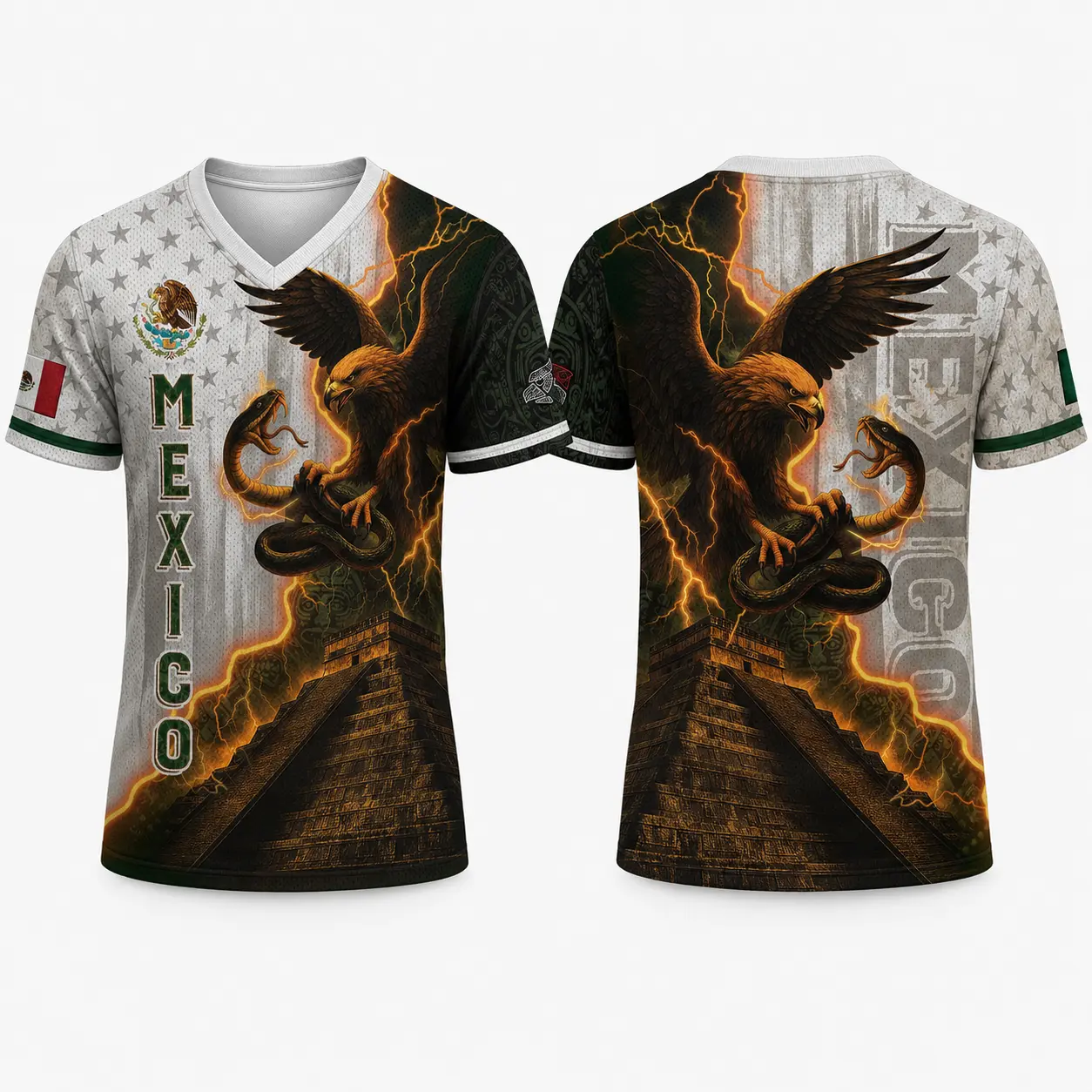 Men's V-Neck Short Sleeve Graphic Sport T-Shirt - Mexico-Inspired Eagle Print, Lightweight Performance Mesh, Athletic Workout Shirt, Breathable Sportswear Top, Casual Athletic Style