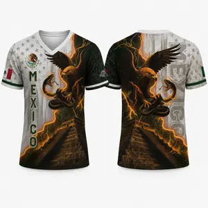 2026Men’s Mexico-Inspired Eagle Graphic V-Neck Shirt, Breathable Mesh Polyester Short Sleeve Sports Top, Black Gold Heritage Print Casual Summer Wear