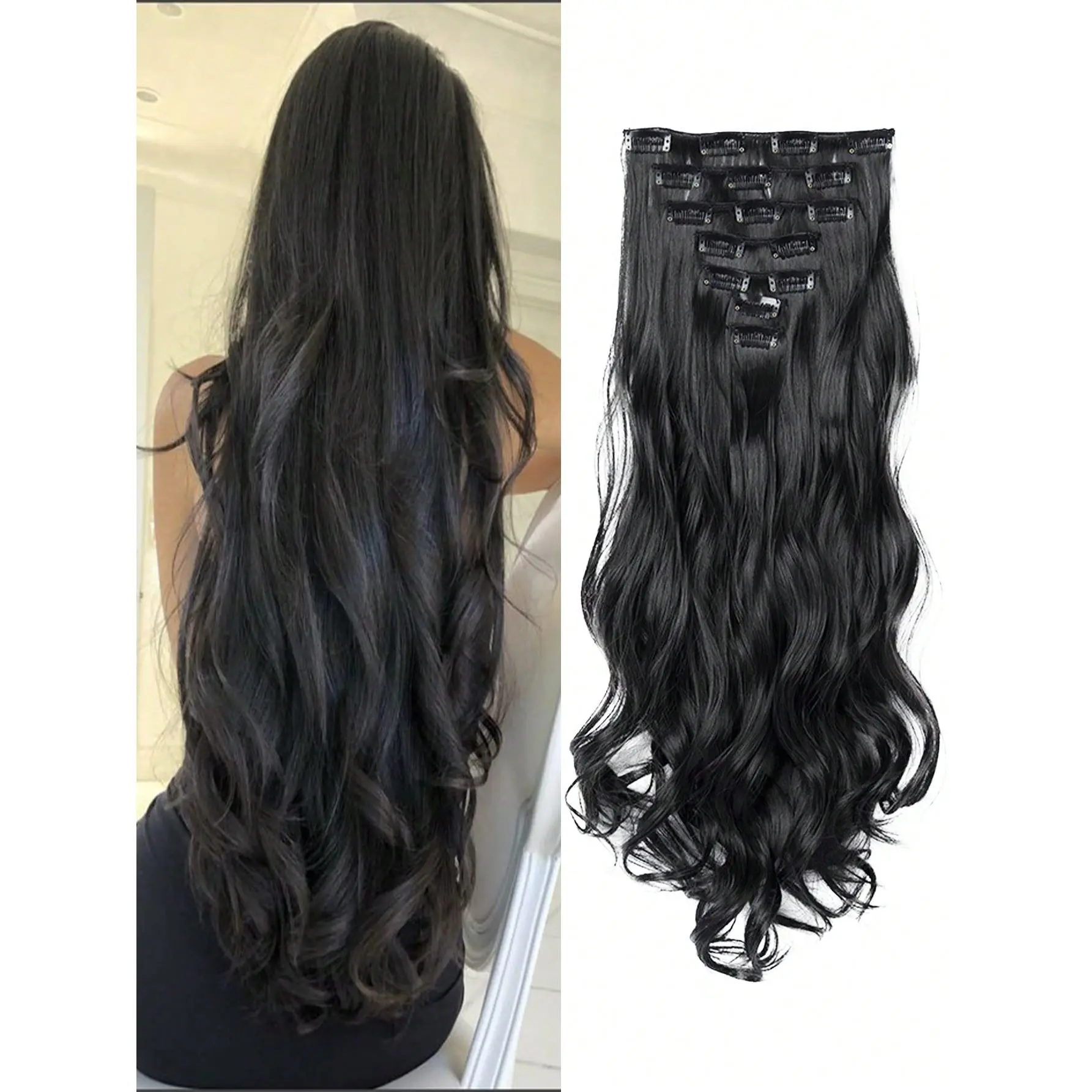 18-30 Ihes 16 Clip Black Natural Daily Long Curly Hair Extensions Seven-Piece Set For Women