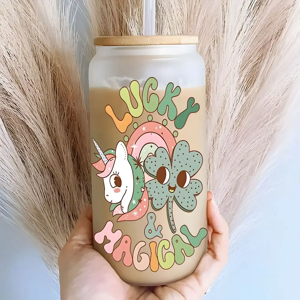 Lucky & Magical Unicorn Clover Rainbow 16oz covered straw glass drinking cup, reusable glass drinking cup, high-quality glass jar design, suitable for iced coffee, beer, juice, milk, cold drink glass cups, fashionable glassware. Perfect gift