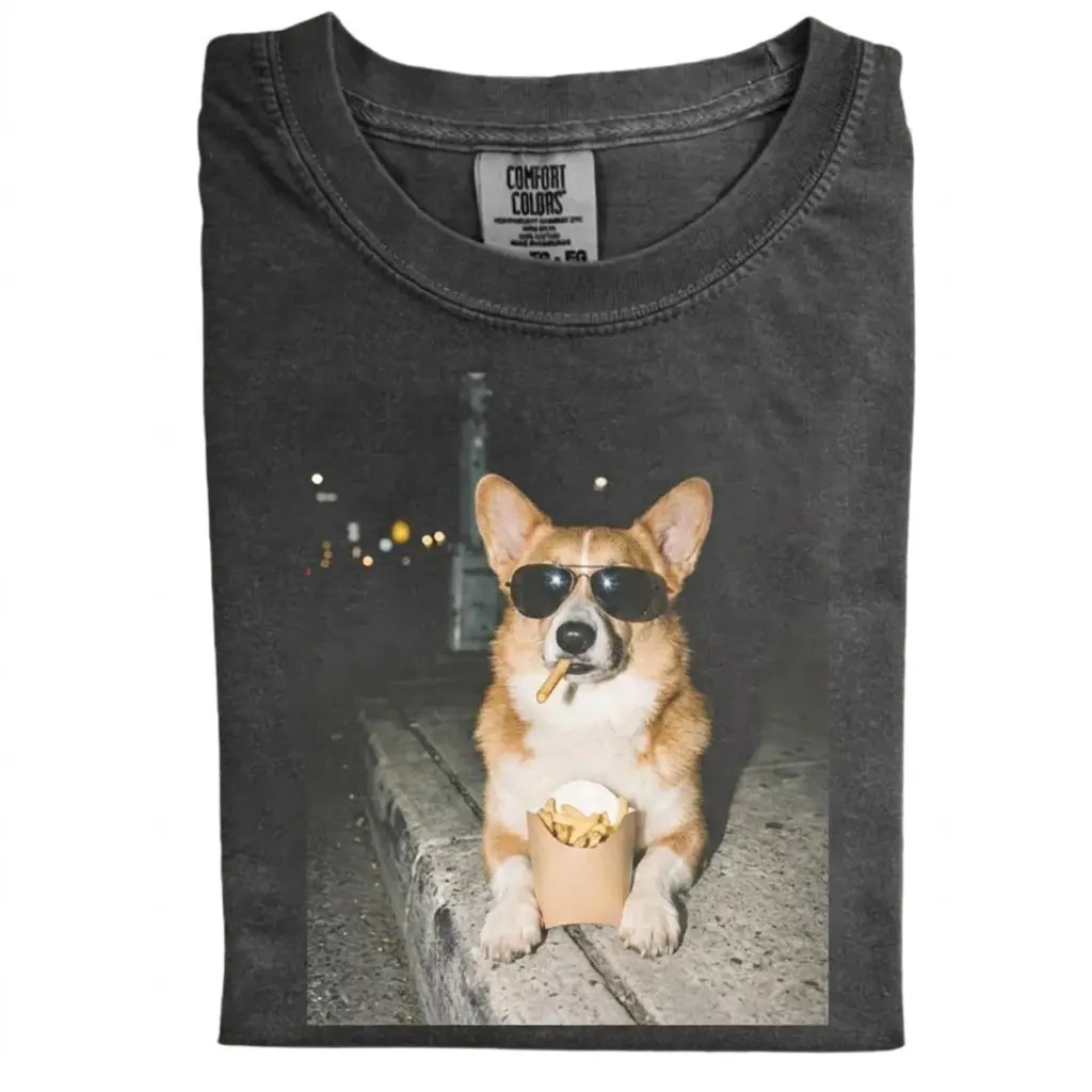 Funny Corgi French Fries Comfort Colors T-Shirt, Vintage 90s Cool Dog Meme Tee, Sunglasses Corgi Streetwear Graphic, Unisex Fit Design, Gift for Dog Lovers
