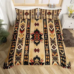 Feelyou Microfiber Duvet Cover Set - Wood Southwestern Geometric Tribal Native American Design, Vintage Bedroom Bedding Set, Breathable Machine Washable Exotic Style Bedspread Cover (No Comforter), Breathable Duvet Set