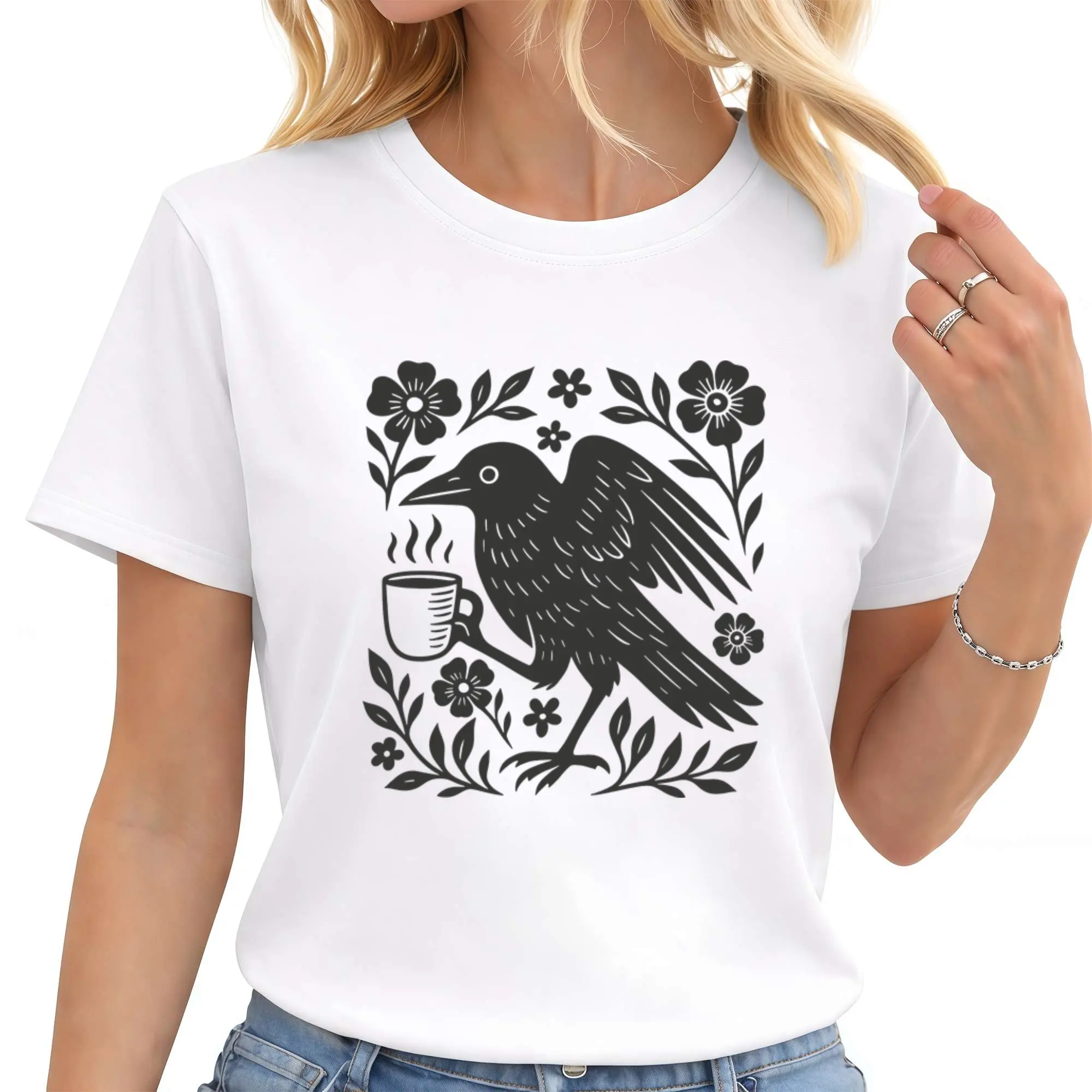 Boho Crow TShirt – Bird & Coffee Lover T-Shirt for Women and Men, Vintage Bohemian Graphic Tee, Nature Aesthetic Gift