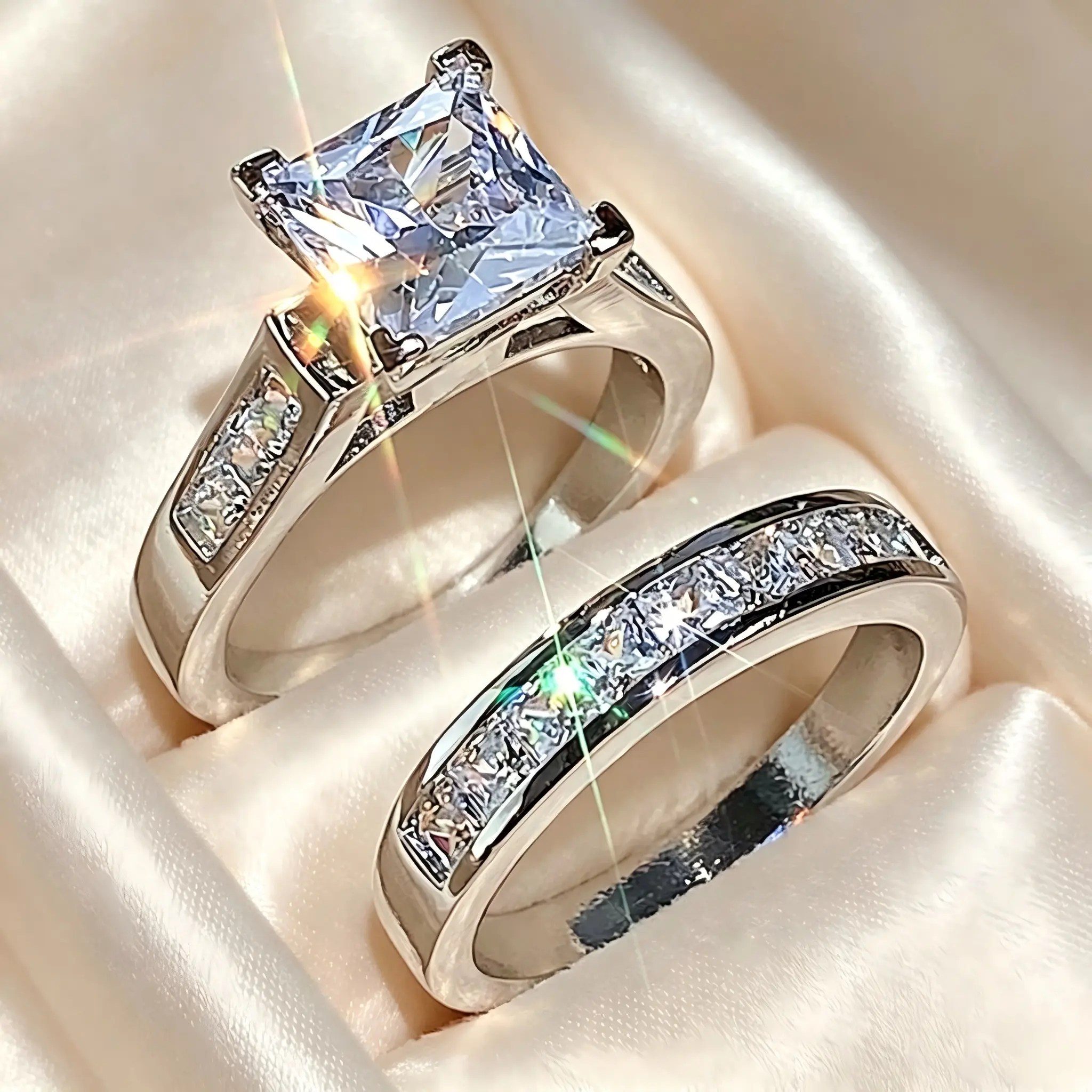 2-Piece Princess Cut Bridal Stackable Ring Set, Channel Set Side Stone Ring, Women Two-Piece Wedding Band for Proposal & Ceremony Gift  >