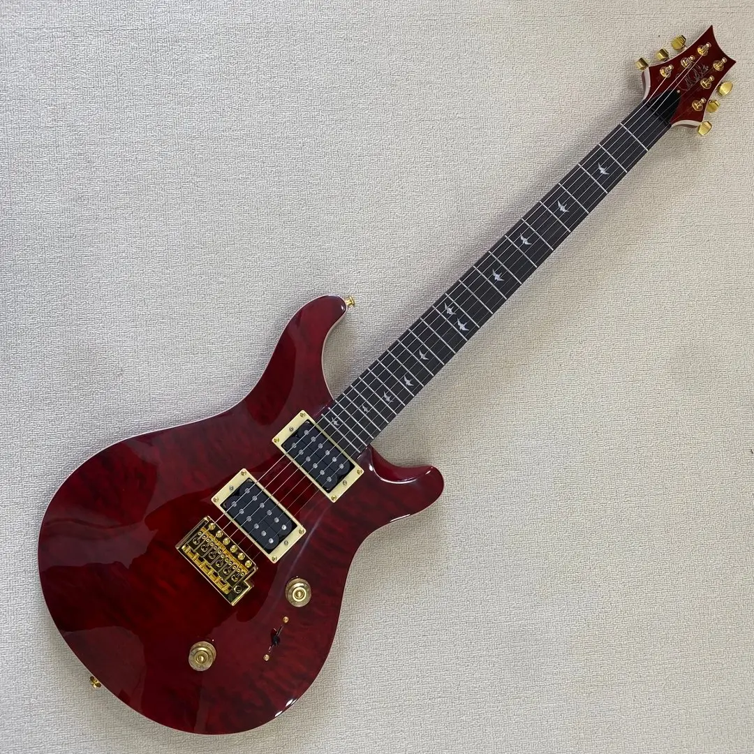Red Tiger Pattern PRS Electric Guitar, HH Pickups, Gold Hardwares, Fixed Bridge, Solid Wood Body, for Rock Music