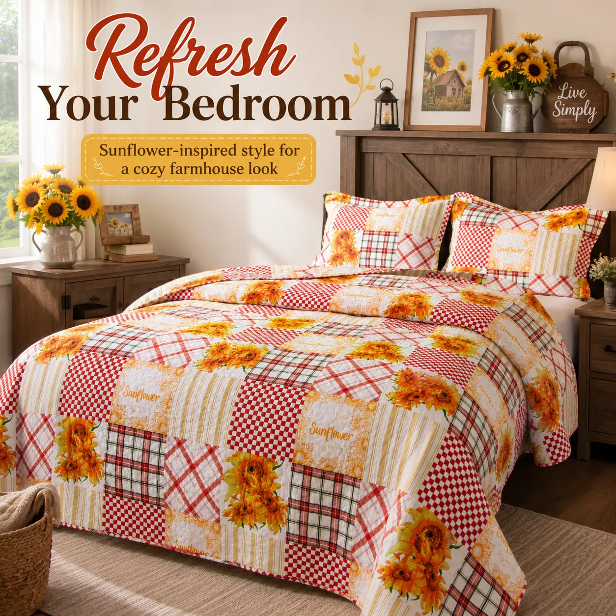 Sunflower Patchwork Quilt Set 100% Cotton Farmhouse Bedding Set with 2 Matching Pillow Shams Red Plaid Floral Bedspread for Queen and King Beds