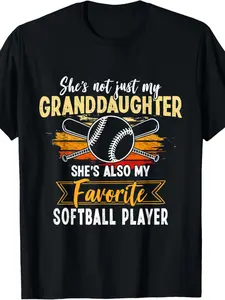 's Proud Grandma & Grandpa Softball Player T-Shirt - Black with Yellow Softball Bat & Design, "She's My Granddaughter/Soccer Isn't My " Slogan, Comfortable Cotton Tee for Grandparents Supporting Grandkids at Games