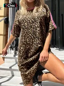 Hotapei Summer Fashion Leopard Print Colorblock Striped Loose Short T-Shirt Dress, Casual Academy Style, Women's Clothing