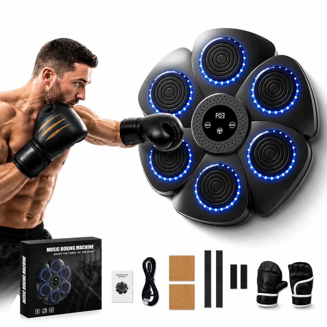 Music Boxing Machine, 2026 Upgrade Wall Mounted Punching Pad with LED Lights, 9-Speed Bluetooth Boxing Game with Gloves, Home Workout Equipment for Kids Age 6+ & Adults