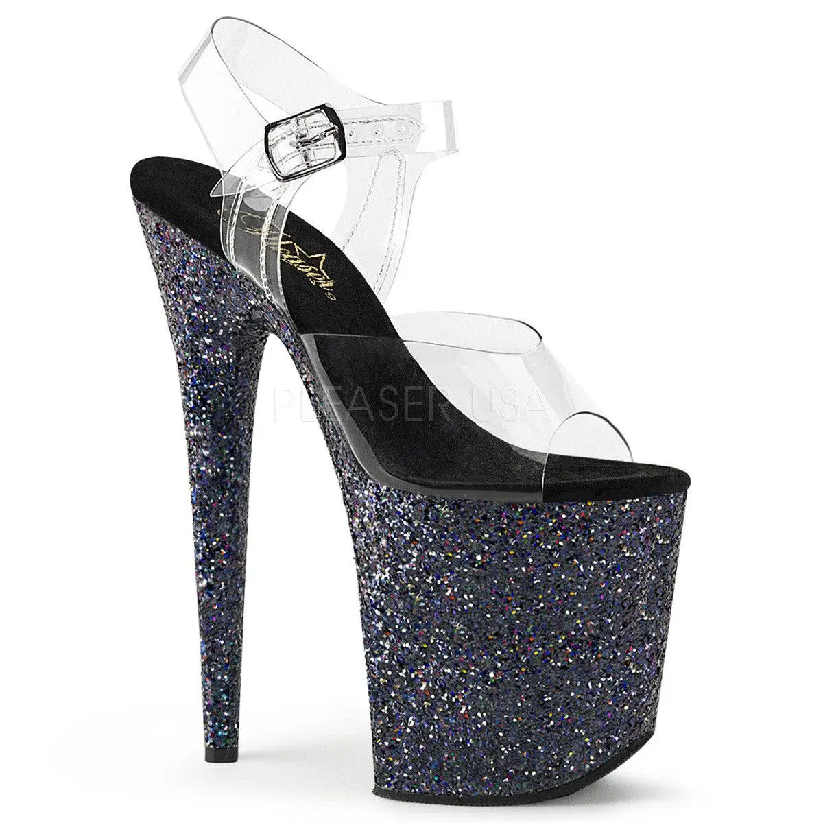 Pleaser FLAMINGO-808LG Black Holographic Glitter Ankle Strap Sandals, Shoe, High Heels, Platform, Footwear, 4"(10Cm) Platform, 8"(20Cm) Heel, Heeled, Platform Sandal