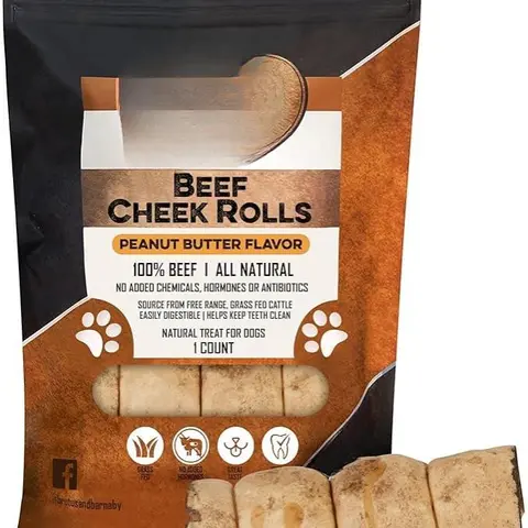 Beef Cheek Rolls Peanut Butter Flavor - Multi-pack Long Lasting Natural Rawhide Alternative Chews for Large Dogs & Aggressive Chewers - Supports Dental Health - 100% Beef, Grain Free, Gluten Free