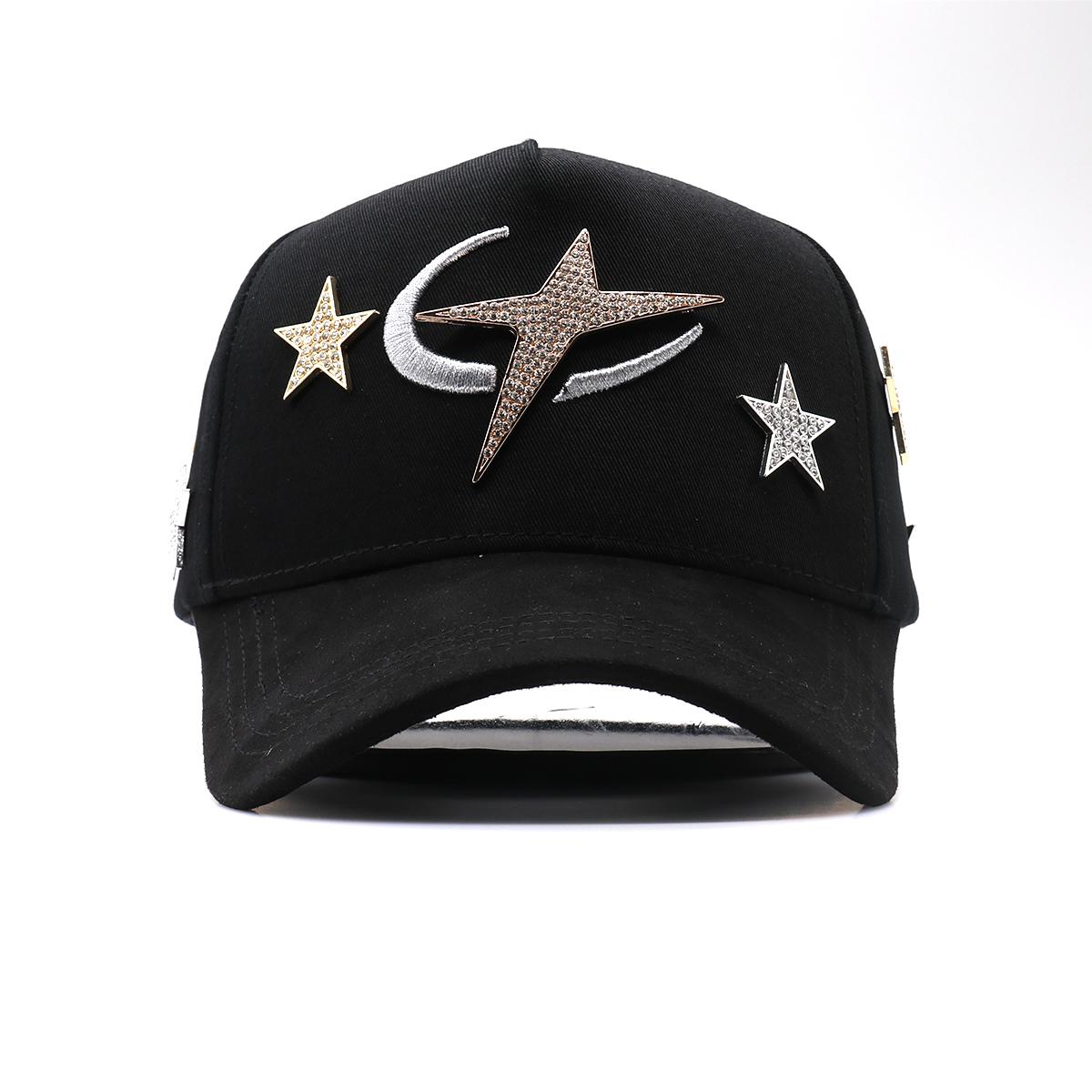 Rhinestone Star Moon Streetwear Snapback Hat - Black Embroidered Hip Hop Baseball Cap, Unisex Adjustable Urban Street Style Headwear