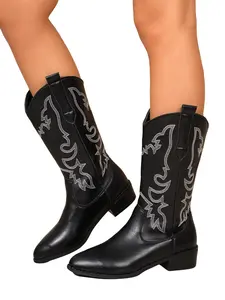 Women's PU Leather Western Boots, Pointed Toe Mid-Calf Boots, Vintage Style, Fall & Winter, Versatile for Dresses and Pants