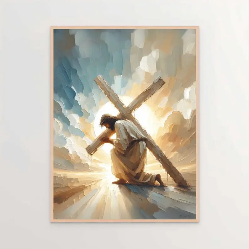 Jesus Carrying The Cross, Christian Painting, Jesus Shepherd Art, Jesus Wall Art, Easter Art, Bible Art, Jesus Painting, Jesus Poster