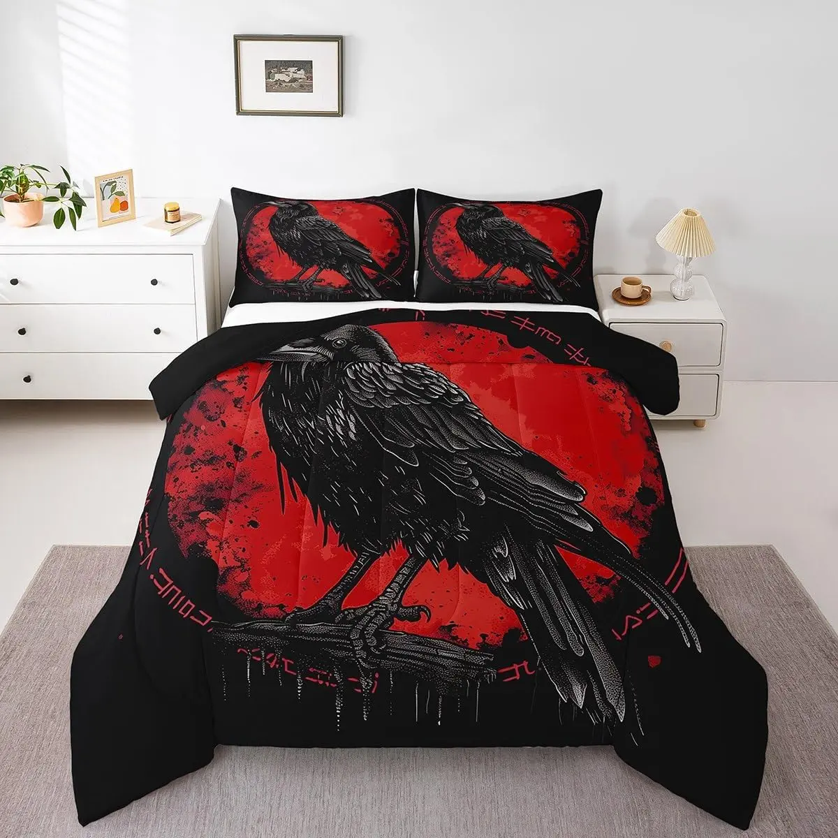 Feelyou Microfiber Bedding Set - Mythical Norse Black Raven Themed, Lightweight Duvet Insert & Blanket, Easy Care, Machine Washable, Travel-Friendly, All Seasons, Queen & Multi-Size for Boys