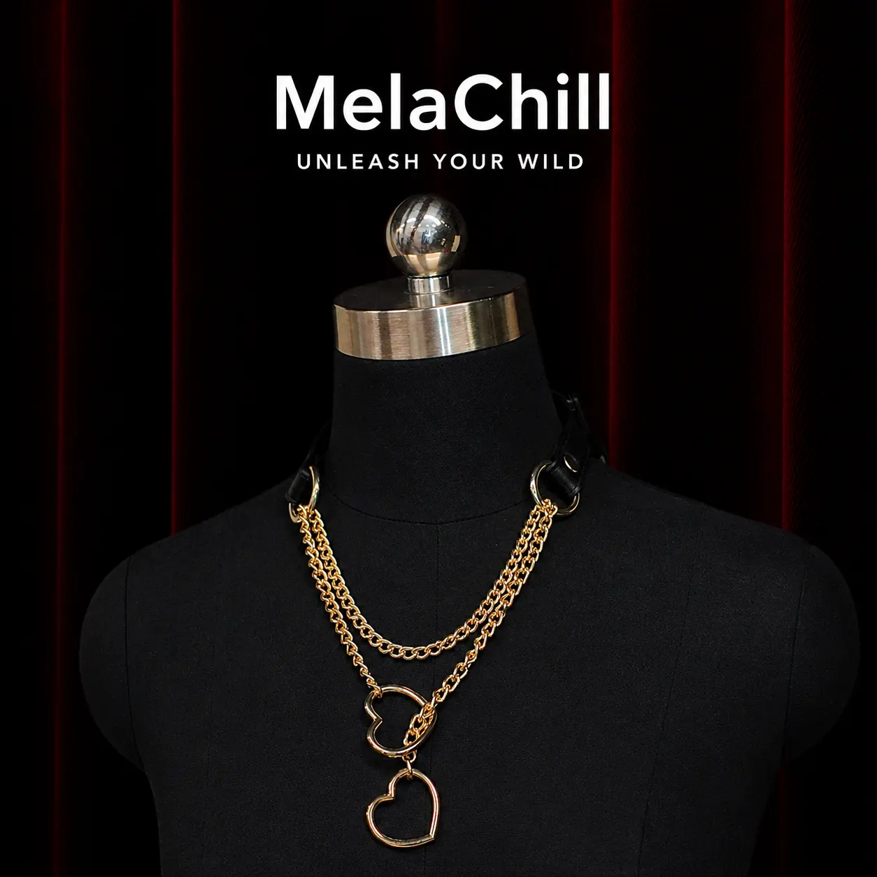 MelaChill Heart Choker Necklace, Black Leather Collar with Gold Hardware, Fashion Costume Jewelry Accessory