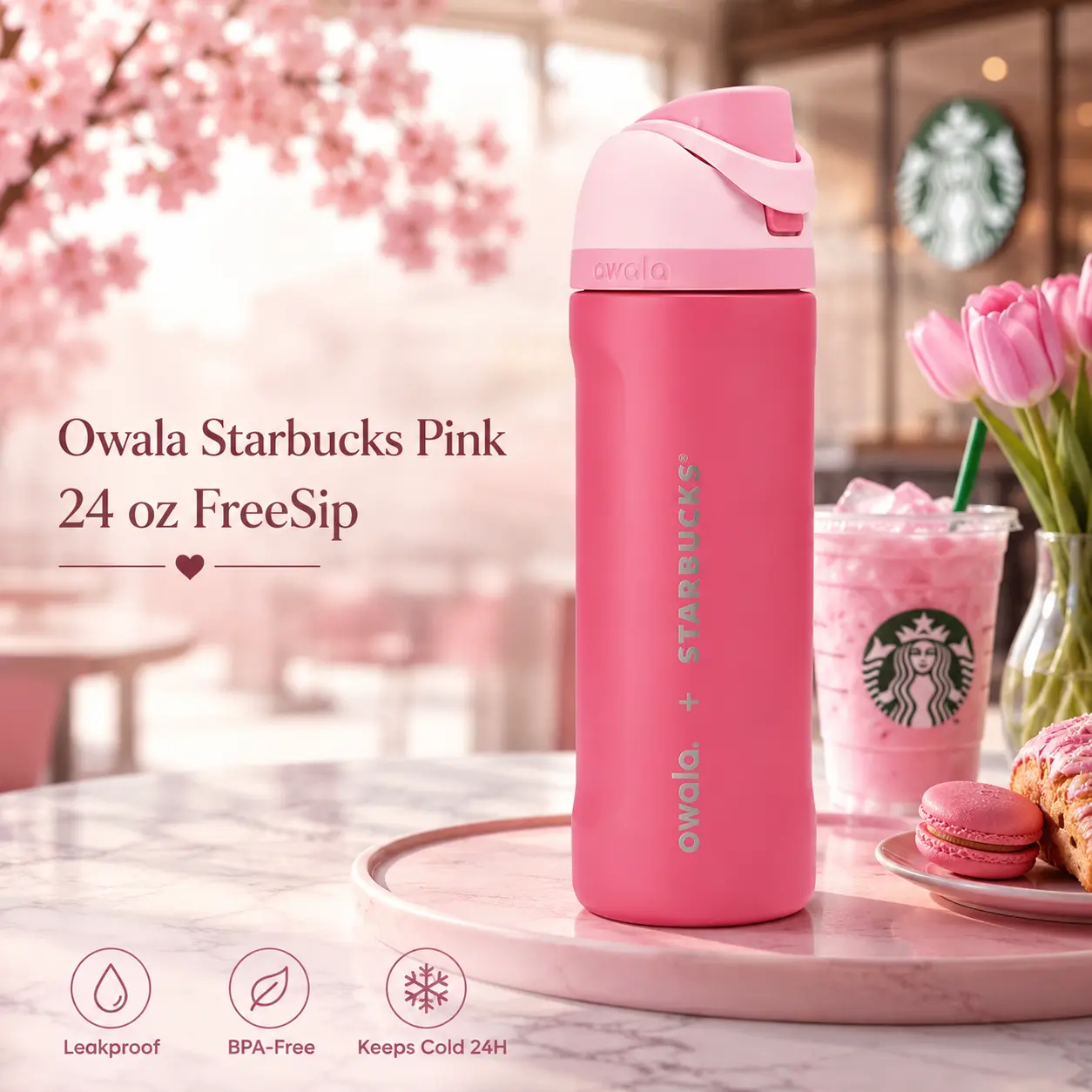 Owala Starbucks Pink 24 oz FreeSip Water Bottle - Leakproof BPA-Free Keeps Cold 24H - Perfect for On-the-Go Use