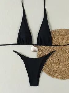 New Arrival Black Solid Color Casual Elegant European And American Women's Sexy Beach Holiday Party Bikini Beachwear Swimsuit, Spring/Summer Beach Bikini Set Swimsuits Summer