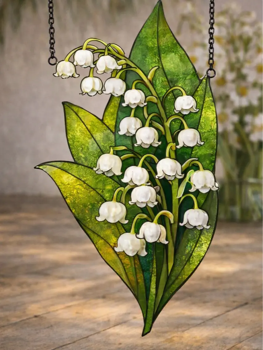 Cottagecore Lily of the Valley Stained Glass Suncatcher Acrylic Window Hanging Panel Botanical Floral Wall Art with Hanging Chain Spring Garden Decor Mother's Day Gift