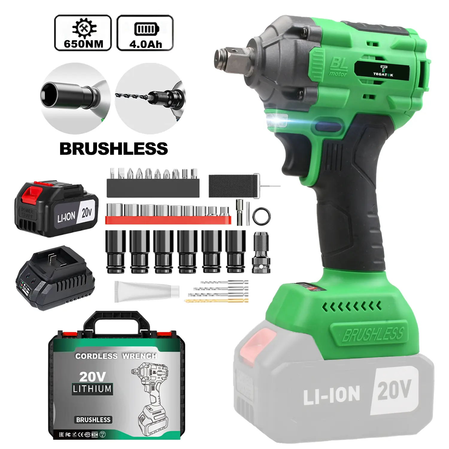 Tegatok 20VCordless Impact Wrench, 650 Nm Torque,Brushless Motor with Battery, Fast Charger, Sockets, 3-in-1 Automotive Impact Wrench Cordless 3-IN-1