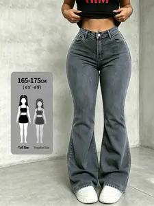 Women's Washed Bell Bottom Jeans, Butt Lifting Effect, Elastic Stretchy Fit Retro Casual Long Pants, Comfortable Fashion Denim Fabric, Daily Commute