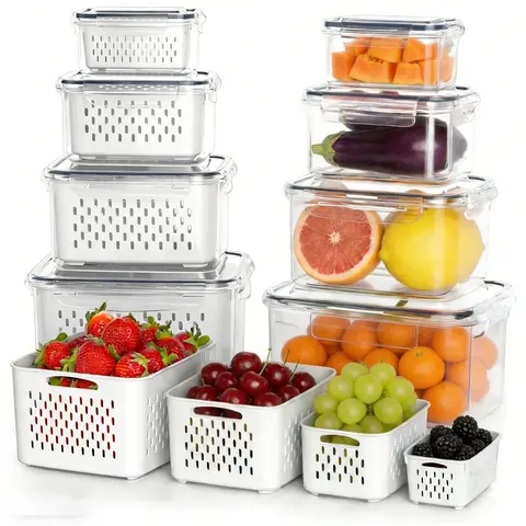 16PCS BPA-Free Leak-Preventing Food Storage Containers for Fridge Use, 8 Containers & 8 Food Covers with Double-Layer Efficient Draining Colanders, Multi-Size (106ozx2, 57ozx2, 27ozx2) Kitchen Preserving Gadgets