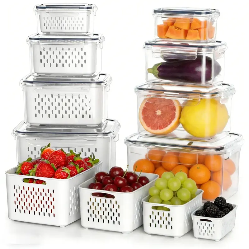 16PCS Reusable Plastic Food Storage Containers Set - BPA-Free, Leak-Preventing, 4-Size (106ozx2, 57ozx2, 27ozx2, 8 Covers), Double-Layer Draining Colanders, Fridge Kitchen Preserving Gadgets, Reusable Storage Solutions