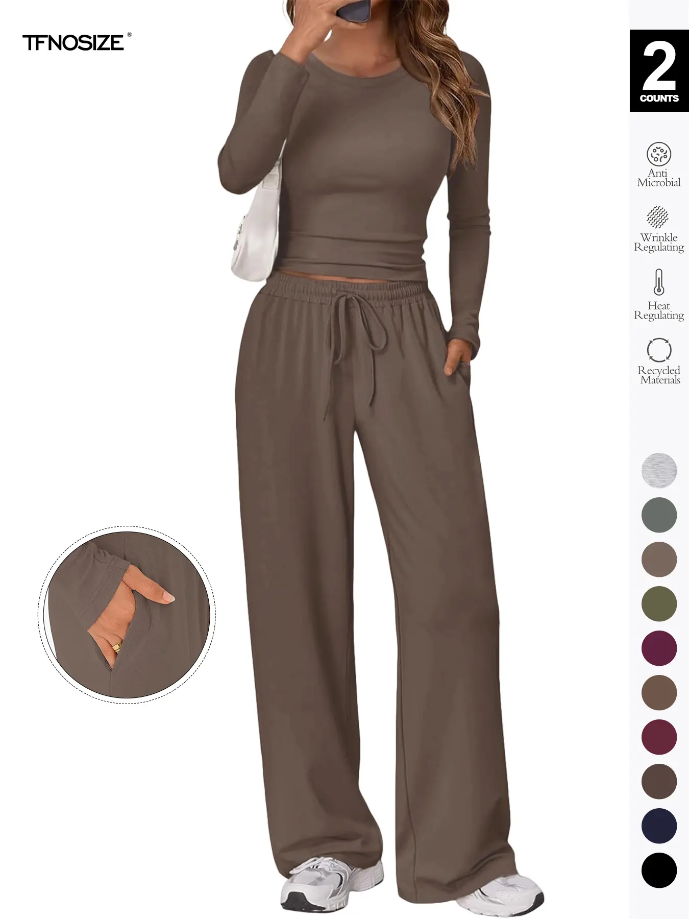 Women's 2 Piece Matching Loungewear Set, Long Sleeve Slightly Crop Fitted Top & Wide Leg Drawstring Pants, Casual Sweatsuit for Fall & Winter Women's 2 Piece Matching Loungewear Set, Long Sleeve Slightly Crop Fitted Top & Wide Leg Drawstring Pants, Casual Sweatsuit for Fall & Winter
