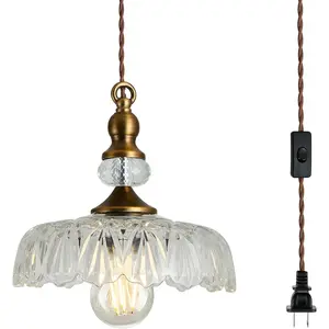 Plug in Glass Pendant Light Fixture Brass Vintage Adjustable Chandelier Brushed Gold Hanging Ceiling Light for Farmhouse Hallway Bedroom Foyer Kitcken Dining Room Island