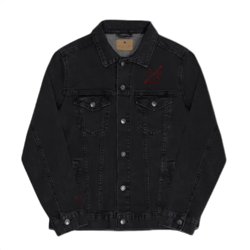 Top Tier Apparel Black Comfortable Denim Jacket with Red Emblem Design