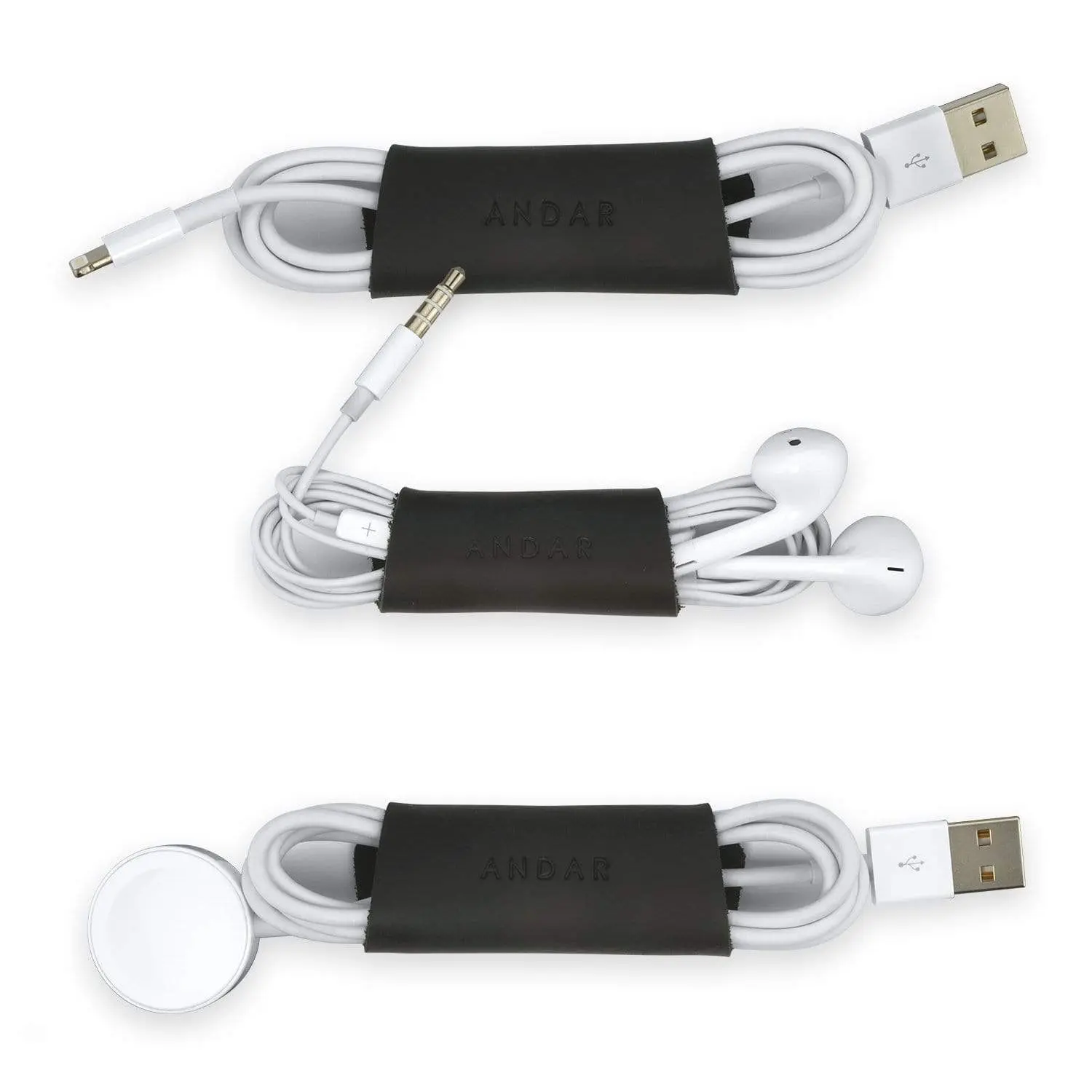 Andar Full Grain Leather Cord Burrito Combo Desk Wire Management Kit - Cord Wrap, Extension Cable Holder, Office Desktop Organizer Tidy, Cool Office Desk Gadgets, Aesthetic Office Supplies
