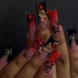 24pcs Long Square False Nails, Gradient, 3D Hawaiian Flowers, Frame, Party & Daily Wear, Includes Jelly Glue & Nail File