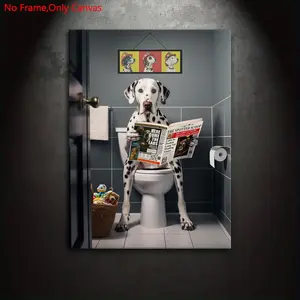 1 piece/set frameless canvas painting print poster, classic illustration abstract art, funny Dalmatian on the toilet, perfect gift for animal lovers, ideal gift for bedroom, living room, kitchen, dormitory hallway, mural, wall decoration, room decoration