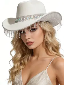 Western Cowboy Hat with Colorful Rhinestone Strap, Full Circle Fringe Design, High-Quality Wedding Party Festival Cap
