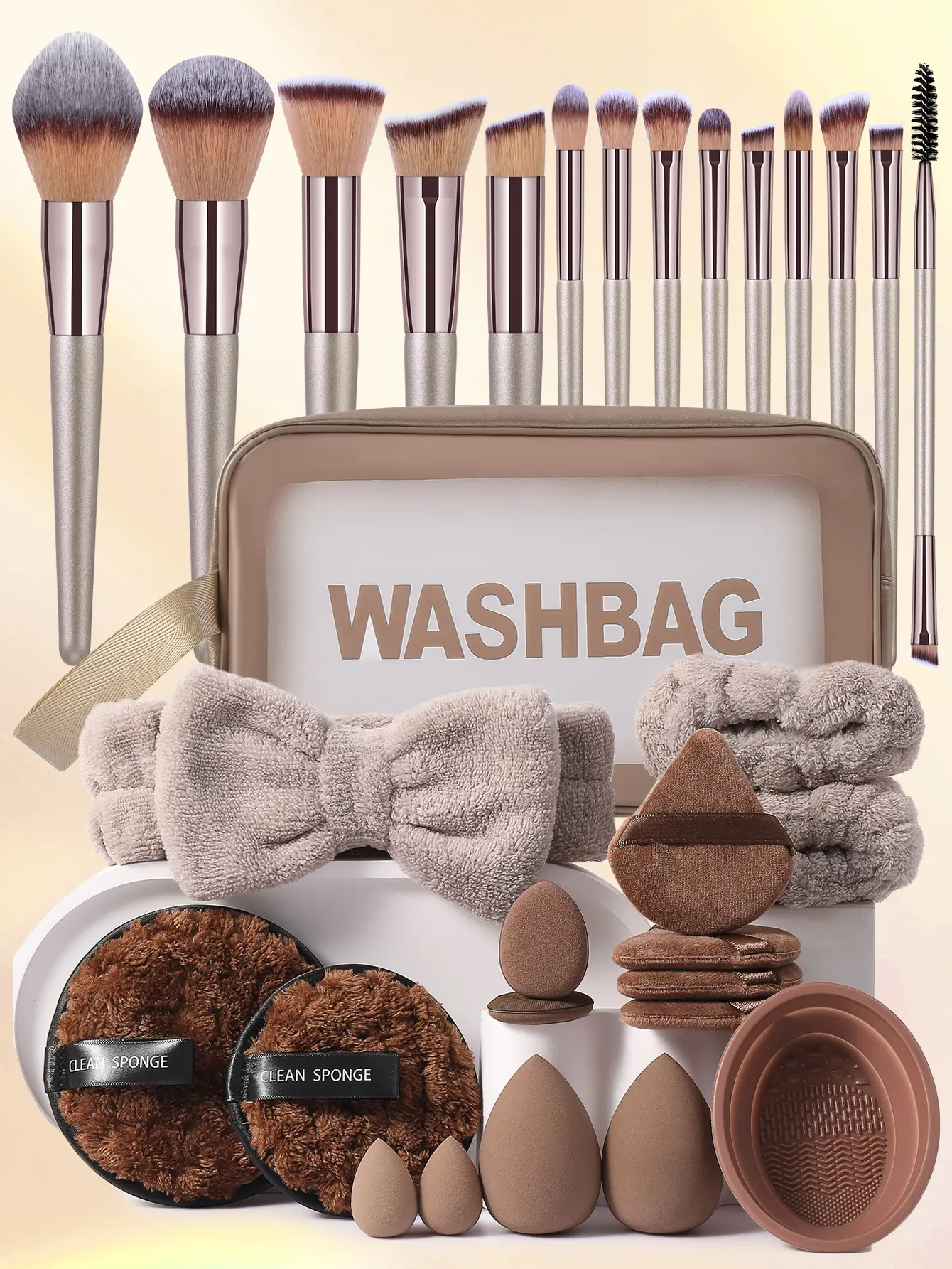 All In One Beauty Gift Set 30+Pcs Makeup Brushes Blender Puffs with Transparent Bag for Women Home Skincare and Makeup