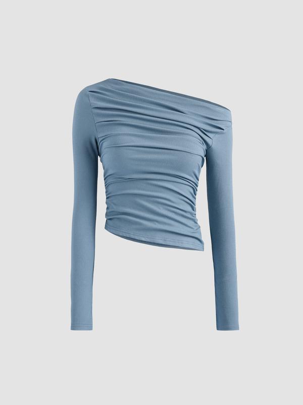 [10 colors, size 0-26]Solid Asymmetrical Neck Long Sleeve Top, High Stretch Off-shoulder Ruched Top for Work & Date