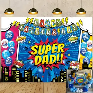 Happy Father's Day Banner Backdrop 7x5FT Cartoon City Landscape Theme Super Dad Photography Background Fathers Day Party Decorations Supplies Photo Props