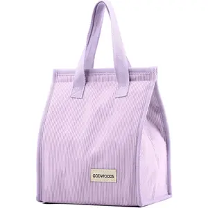 Corduroy Lunch Tote Bag for Women Cute Insulated Lunch Box with Large Capacity (7.5L)  Lunchbag for Work, Picnic or Travel (Purple)
