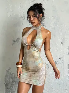 Women's All Over Print Backless Halter Dress, Fashion Casual Sleeveless Short Dress Fitted for Holiday Vacation, Ladies Summer Clothes