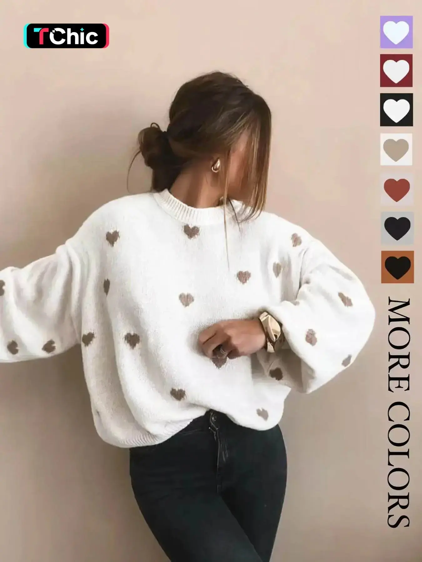 Women's Colorblock Heart Print Crew Neck Baggy Oversized Knitting Sweater, Casual Long Sleeve Jumper for Winter, Fashion Women's Knitwear for Daily Wear, Tops, Womenswear