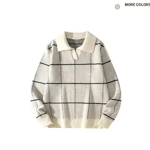 Men's Checkered Long Sleeve Sweater Vintage Plaid Lapel V Neck Jumper Sweater Casual Knitted Pullover Tops Stylish Fashionable for Everyday Wear
