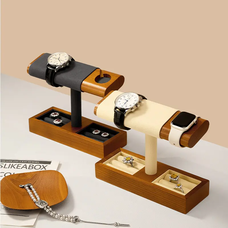 Oirlv Wooden Watch Stand for Men & Women - Solid Wood Charging Station Dock with Built-in Apple Watch Slot & Dual Jewelry Storage Trays, Microfiber Protection Nightstand Organizer for Dresser, Desk, Gift