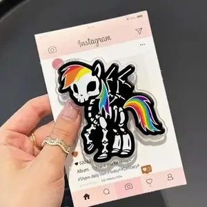 Rainbow Unicorn Skull with MagSafe Phone Grip, Horror Aesthetic Magnetic Phone Holder, Kawaii Scary Fan Gift , Kindle Accessories sticky Baby mount Library Card Flower-Shaped Multi-Functional Stand Universal Car Double-Sided Octo Adjustable Portable