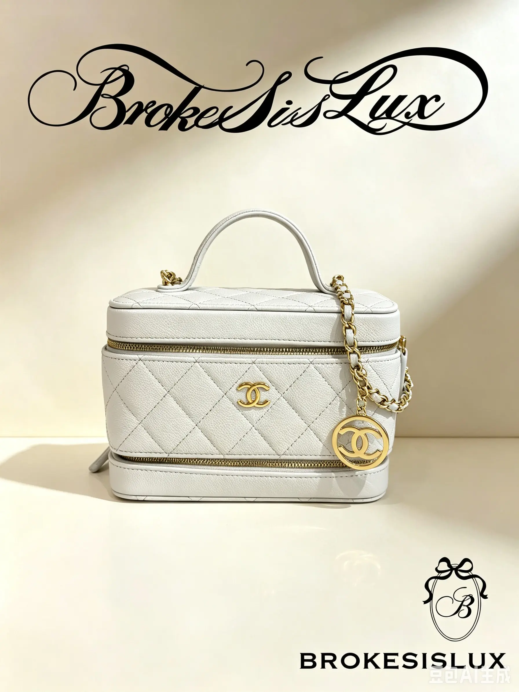 Pre-owned CHANEL Medium Vanity Makeup Case, Off White Pebbled Caviar Calfskin, Diamond Matelassé Quilting, Dual Gold Top & Bottom Zippers, Gold Interlocking CC Front Logo, Short Leather Top Handle + Detachable Chain Strap