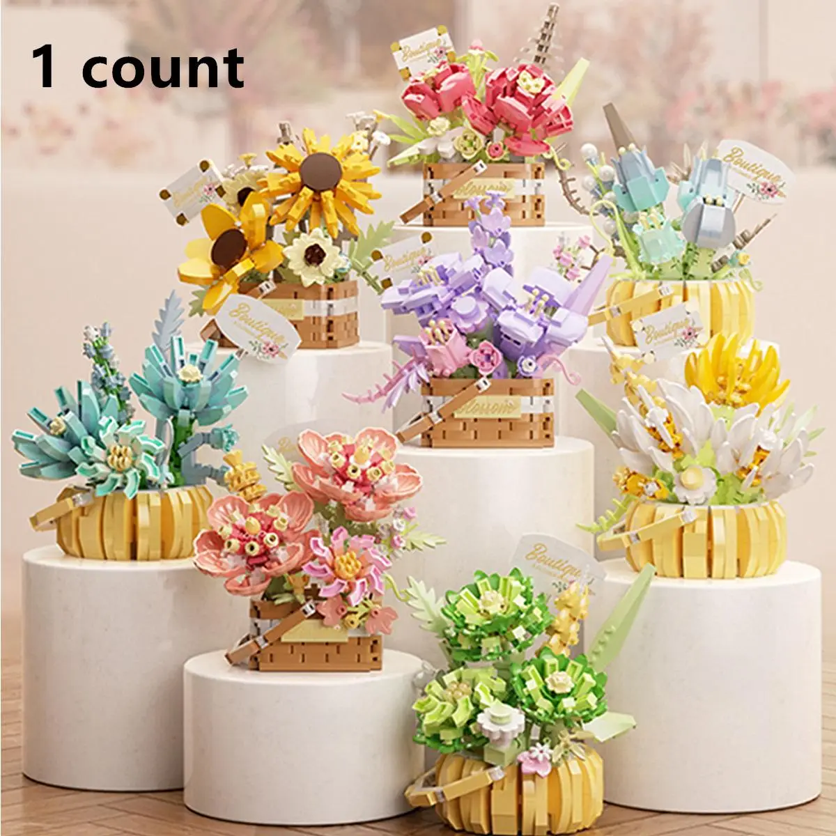 Artificial Floral Building Blocks, 1 Set DIY Creative Assembled Flower Puzzle Toy, Romantic Flower Blocks Building Set, Home Decoration, Birthday Gift