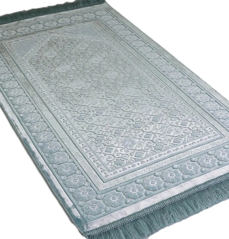 Luxury Velvet Islamic Prayer Rug Floral Stamp - Light Blue