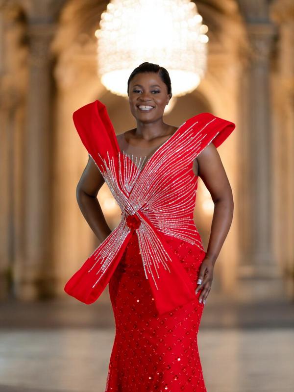 Crimson Sovereign Red Lace Evening Gown | Hand-Embellished Couture Dress | Custom Made Luxury Gala & Red Carpet Gown