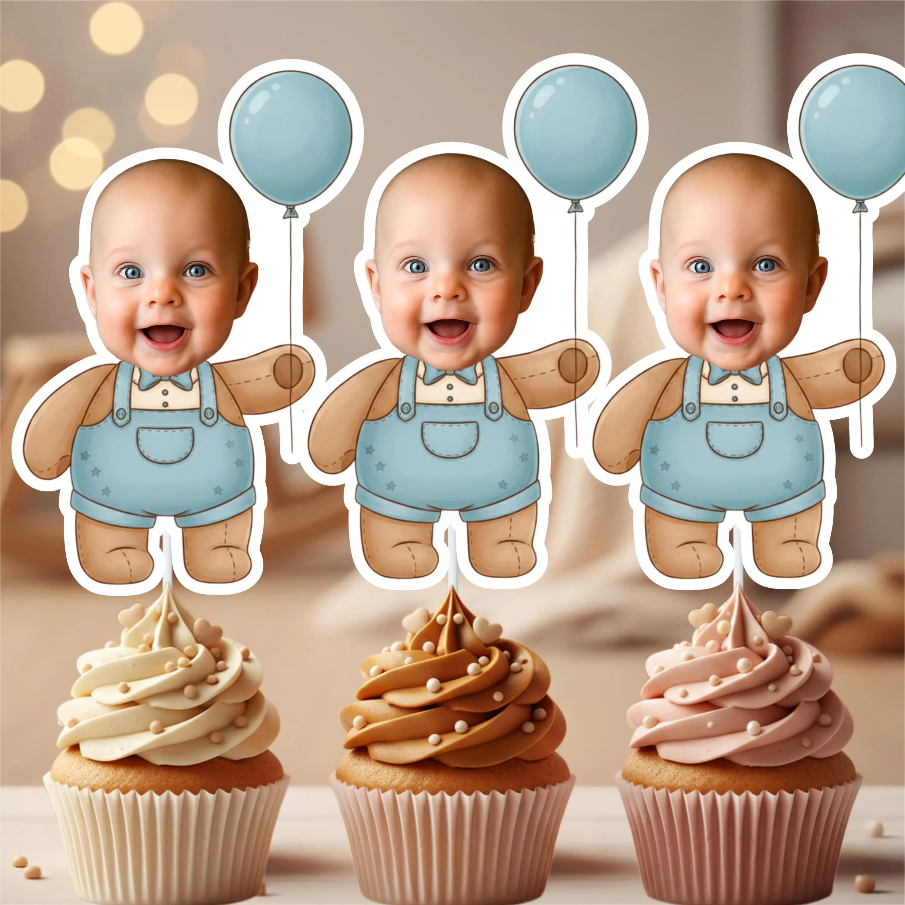 Teddy Bear Face Cupcake Toppers – Personalized Beary Birthday Photo Decor