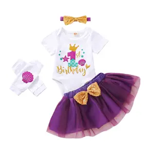 Ma&Baby Newborn Baby Girl My First Birthday Outfits One Year Short Sleeve Bodysuit Tutu Skirt 4pcs Clothes
